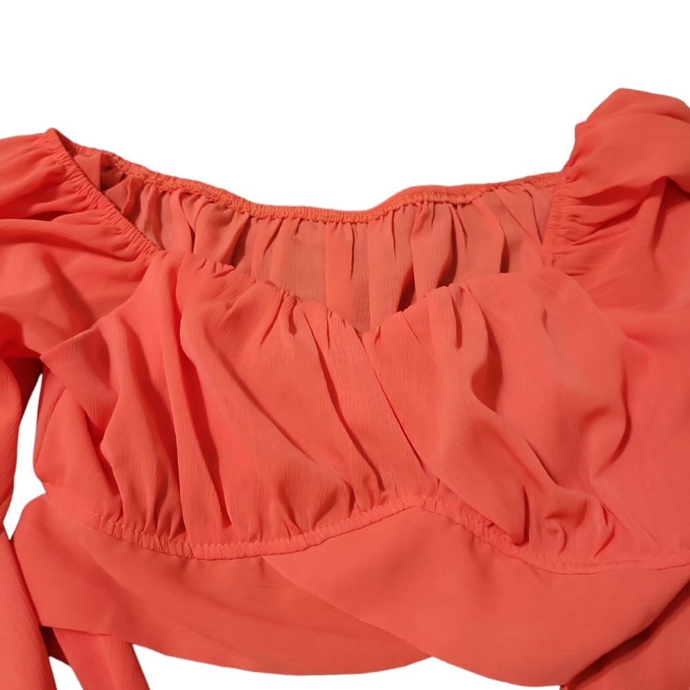 Lyaner Coral crop top with flounce sleeves and tie boho - Picture 5 of 7